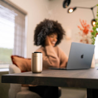 Person using a laptop with a coffee cup on a table in a cozy room.